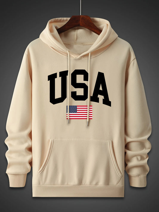 Men'S Autumn and Winter Fashionable Casual Loose Oversized USA Flag Print Fleece Pullover Hooded Long Sleeved Sweatshirt